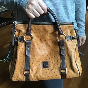 DOONEY & BOURKE FLORENTINE OSTRICH EMBOSSED LEATHER LARGE SATCHEL Tan & Brown.